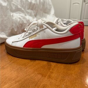 Puma platform White Sneakers with Red Stripe and Brown Platform Sole